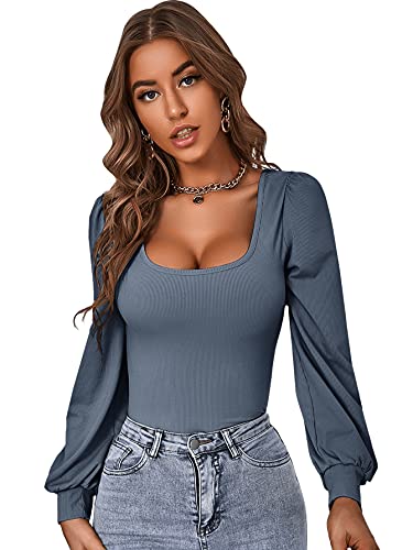 DIDK Damen T-Shirts U-Ausschnitt Langarm Schmal Oberteile Pullover Casual Langarmshirt Basic Tops Blau M von DIDK