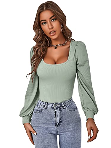 DIDK Damen T-Shirts U-Ausschnitt Langarm Schmal Oberteile Pullover Casual Langarmshirt Basic Tops Minzgrün L von DIDK