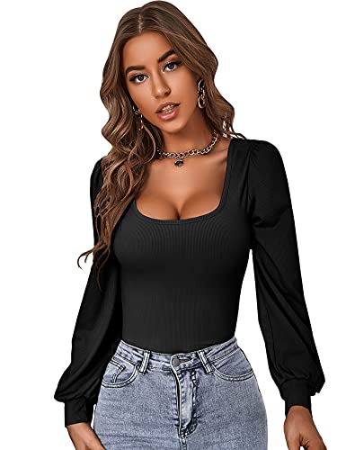 DIDK Damen T-Shirts U-Ausschnitt Langarm Schmal Oberteile Pullover Casual Langarmshirt Basic Tops Schwarz M von DIDK