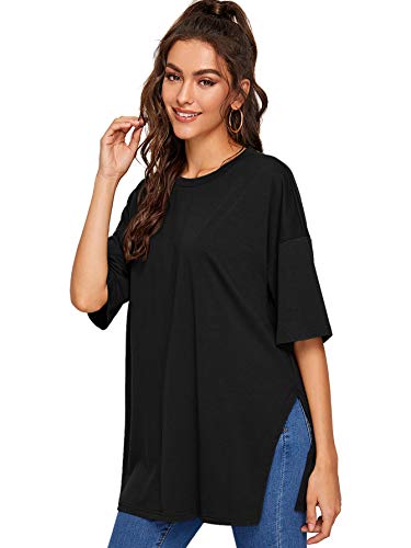 DIDK Damen T-Shirts Übergröße Longshirt Kurzarmshirt Rundahls Shirts Oberteile mit Schlitz Einfarbig Langshirts Top Casual Tunika Schwarz M von DIDK