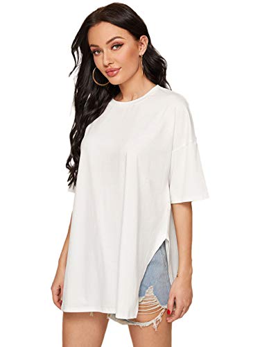 DIDK Damen T-Shirts Übergröße Longshirt Kurzarmshirt Rundahls Shirts Oberteile mit Schlitz Einfarbig Langshirts Top Casual Tunika Weiß L von DIDK