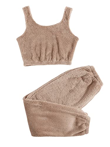 DIDK Damen Tanktop und Hosen Set Teddy Lounge Set 2-Teiler Bauchfrei Tops Sweathose Outfits Kombiset Pyjama Set Schlafenanzug Mokka Braun L von DIDK