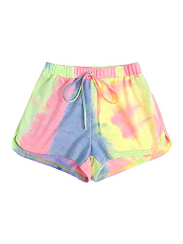 DIDK Damen Tie Dye Shorts Batik Kurz Hose Sommerhose Trainingsshorts Yoga Elastischer Bund Sporthose Running Gym Shorts mit Gürtel Mehrfarbig L von DIDK