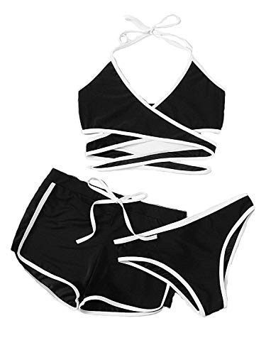 DIDK Damen Wickel Bikini Set mit Short 3 Piece Neckholder Schwimwear Bademode Schwarz XL von DIDK