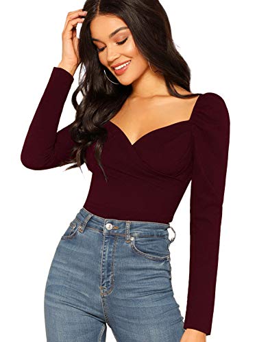 DIDK Damen Wickltop T-Shirt Slim Langarmshirts Elegant Shirts Tops Oberteile Pullover mit Herzen Kragen Bordeaux L von DIDK