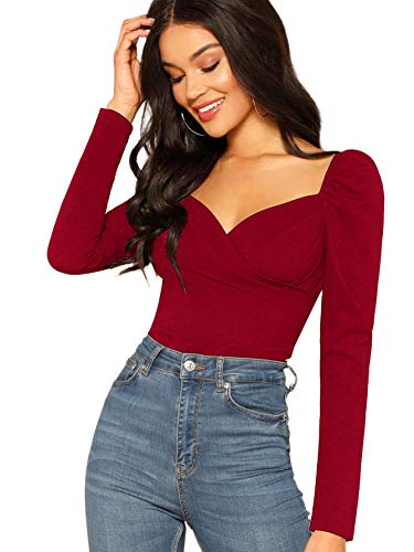 DIDK Damen Wickltop T-Shirt Slim Langarmshirts Elegant Shirts Tops Oberteile Pullover mit Herzen Kragen Rot L von DIDK