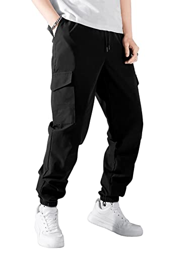 DIDK Herren Cargo Hose Männer Cargopants Workout Hose Casualhose Sporthose Hip Hop Pants mit Tunnelzug und Pattentaschen Schwarz XXL von DIDK