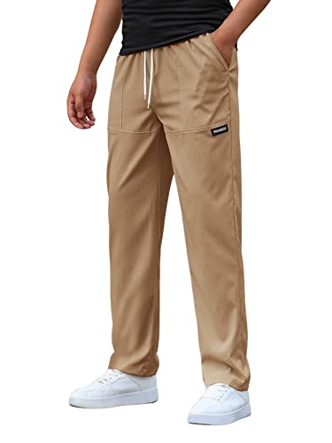 DIDK Herren Hosen Chinohose Elastischer Bund Lange Hose Casual Freizeithose mit Taschen und Tunnelzug Khaki L von DIDK