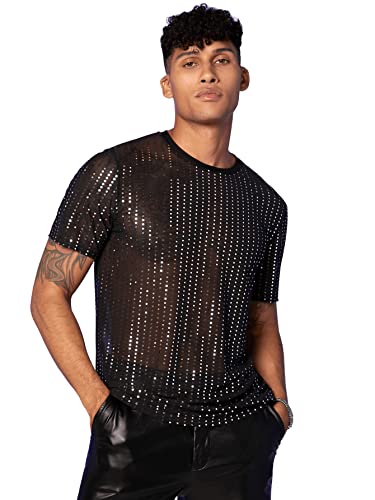 DIDK Herren Muskel Transparent T-Shirt Kurzarm Shirts Netz Hemd Rundkragen Kurzarmshirt mit Strass Schwarz L von DIDK