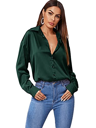 DIDK Langarm Bluse Damen Satin Hemdshirt Button Down Oberteil Tunika Herbstshirt OL Hemdbluse Dunkelgrün M von DIDK