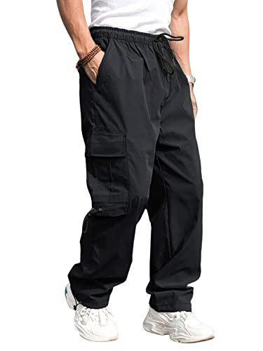 DIDK Männer Cargo Hose Straight Sweatpants Baggy Cargopants Herren Workout Straighthose Elastische Bund Sport Hosen Schwarz L von DIDK