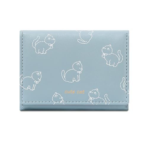 DIEKE Kreative Katzen Themed Damen Geldbörse PU Leder Kurze Geldbörsen Kartenhalter PU Leder Münzbörse mit geräumigen Kartenfächern Cartoon Katzen Geldbörse, blau, Mass Beauty von DIEKE