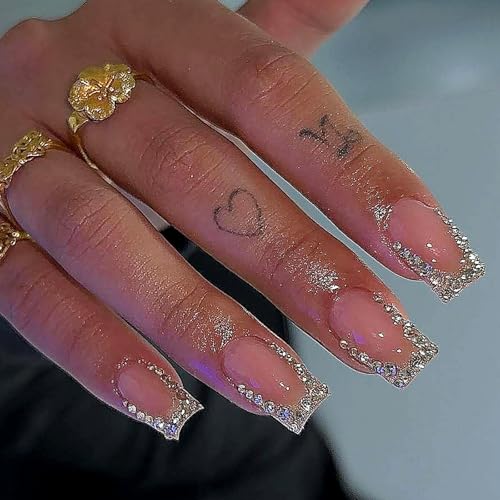 Elegante Französische Tipps Presse Auf Nägeln Strasssteine ​​Detail Quadratische Form False Nails Set Office Wear Nails Für Mädchen 24 PCs von DIEKE