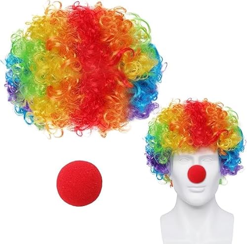 2 PCS Clown Kostüm Set, Clown Kostüm Accessoire, Clown Perücke Locken, Clown Nase Rote, Clown Zubehör Unisex, Clown Kostüm Zubehör für Karneval Cosplay Zirkusshow Party von DIELIANHUA