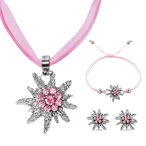 3 Stück Trachtenschmuck Set, Trachtenschmuck Damen Set, Bayerisch Dirndlschmuck Trachtenkette mit Strass Edelweiß Anhänger, Edelweiß Halskette, Edelweiß Armband, für Oktoberfest Damen Outfit von DIELIANHUA