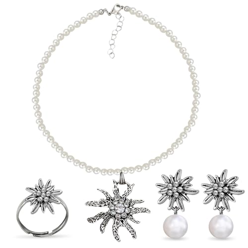 3 Stück Trachtenschmuck Set, Trachtenschmuck Damen Set, Bayerisch Dirndlschmuck Trachtenkette mit Strass Edelweiß Anhänger, Edelweiß Halskette, Edelweiß Ring, für Oktoberfest Damen Outfit Accessoires von DIELIANHUA