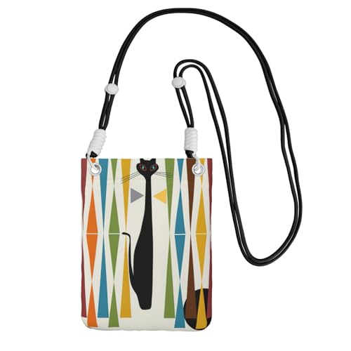 DIEzig Mid-Century Moderne Kunst Katze Druck Crossbody Handytasche für Erwachsene Geldbörse Crossbody Umhängetasche mit abnehmbarem Schultergurt, Schwarz , Einheitsgröße von DIEzig