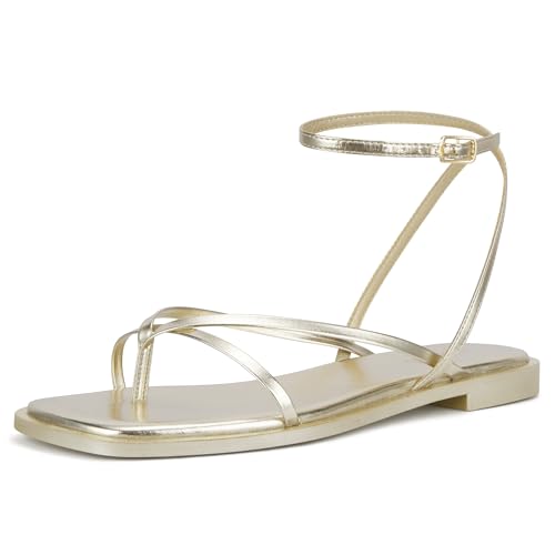 DIFEMA Flache Damen-Sandalen, quadratischer Zehenbereich, Riemen, Knöchelriemen, flache Schuhe, Gold, 40.5 EU von DIFEMA