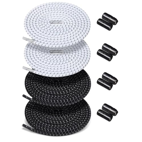 DIFLAX 2 Paires Elastische Schnürsenkel mit Schnellverschluss Gummi Schuhbänder Ohne Binden mit Metallkapsel für Kinder Erwachsene Sportschuhe 2.8mm*110cm (Blanco+Negro) von DIFLAX