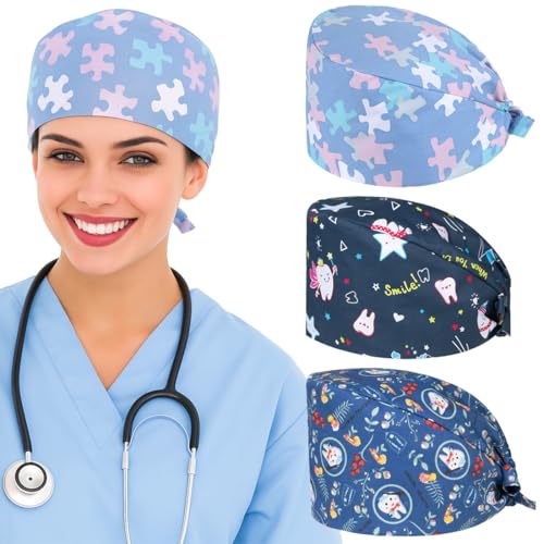 DIFLAX 3 Stück OP Haube mit Schnüren, Arzt Kostüm Zubehör Unisex, OP Haube Verstellbar mit Knopf Arbeitskappe Baumwolldruck Kranken Schwesternkappe Unisex Staubhauben Kappe von DIFLAX