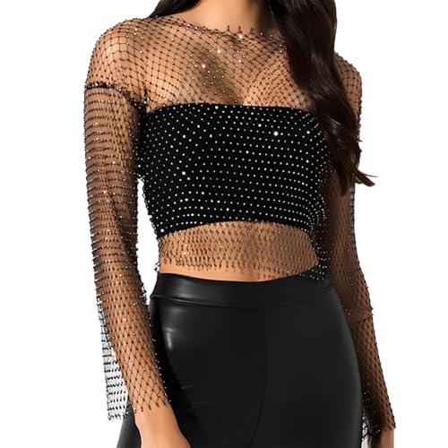 DIFLAX Mesh Oberteile Damen Tank Top Damen Mesh Crop Top Durchsichtiges Glänzende Netzshirt Fischnetz Strasssteine Cover Up Kristall Sheer Mesh Top Aushöhlen Sparkle Club Wear(M) von DIFLAX