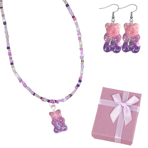 DIFLAX Ohrringe und Halskette mit Gummibärchen Kreative Süße Süßigkeiten Bunte Tier Gummibärchen Ohrringe Minimalismus Cartoon Design Lustig Bunt Geschenk für Geburtstage Besondere Anlässe von DIFLAX