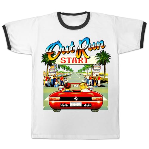 Digital Pharaoh Outrun Retro Gaming inspiriertes Herren Ringer-T-Shirt 80er Jahre, weiß, M/L von Digital Pharaoh