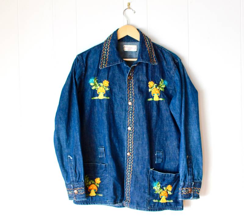 1960Er Jahre Pilz-Jeansjacke, Bestickt, Made in Mexico, Größe 38 von DIGSBY