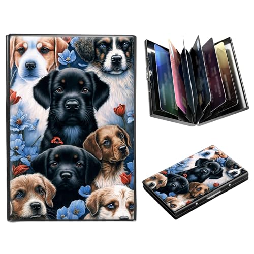 DIGTIALL Metallgeldbörse, RFID-blockierend, Kreditkartenetui für Damen und Herren, Mini-Brieftasche, Ausweishülle, harte Visitenkartenetui, Hunde, blaue Blumen von DIGTIALL