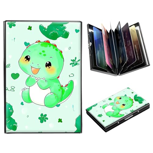 DIGTIALL Metallgeldbörse, RFID-blockierend, Kreditkartenetui für Damen und Herren, Mini-Brieftasche, Ausweishülle, harte Visitenkartenetui, Niedlicher grüner Dinosaurier von DIGTIALL