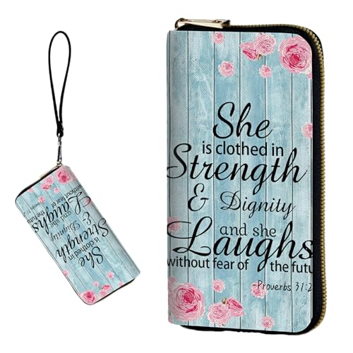 DIGTIALL RFID-blockierende Geldbörse für Damen, PU-Leder, schmal, faltbar, mit großem Fassungsvermögen, 16 Kartenfächer und Münzfach mit Reißverschluss, Damen-Reise-Geldbörse, Bible Provers 31-25 von DIGTIALL