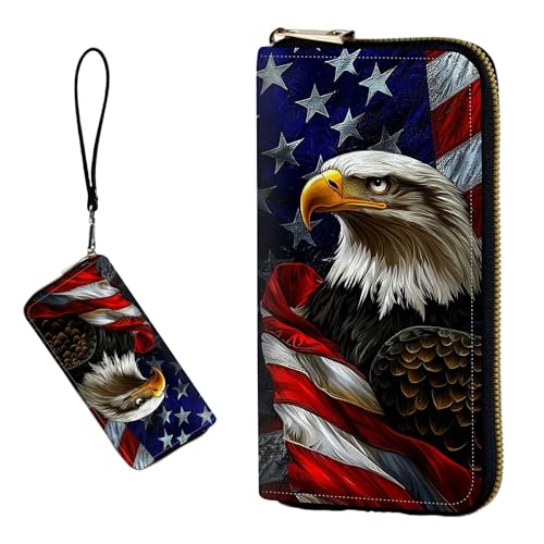 DIGTIALL RFID-blockierende Geldbörse für Damen, PU-Leder, schmal, faltbar, mit großem Fassungsvermögen, 16 Kartenfächer und Münzfach mit Reißverschluss, Reise-Geldbörse, Adler mit amerikanischer von DIGTIALL