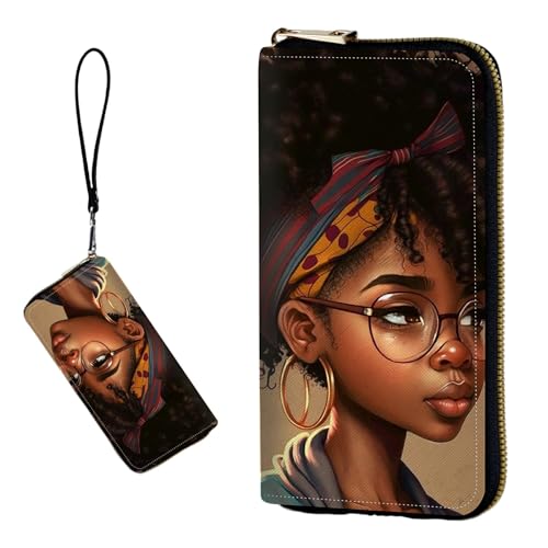 DIGTIALL RFID-blockierende Geldbörse für Damen, PU-Leder, schmal, faltbar, mit großem Fassungsvermögen, 16 Kartenfächer und Münzfach mit Reißverschluss, Reise-Geldbörse, Afrikanische schwarze Frau von DIGTIALL