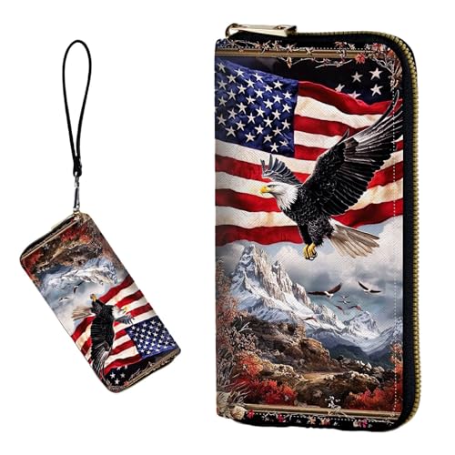 DIGTIALL RFID-blockierende Geldbörse für Damen, PU-Leder, schmal, faltbar, mit großem Fassungsvermögen, 16 Kartenfächer und Münzfach mit Reißverschluss, Reise-Geldbörse, American Flag Eagle von DIGTIALL
