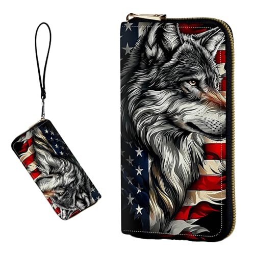 DIGTIALL RFID-blockierende Geldbörse für Damen, PU-Leder, schmal, faltbar, mit großem Fassungsvermögen, 16 Kartenfächer und Münzfach mit Reißverschluss, Reise-Geldbörse, Amerikanische Wolfsflagge von DIGTIALL