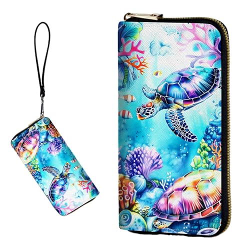 DIGTIALL RFID-blockierende Geldbörse für Damen, PU-Leder, schmal, faltbar, mit großem Fassungsvermögen, 16 Kartenfächer und Münzfach mit Reißverschluss, Reise-Geldbörse, Aquarell Schildkröte von DIGTIALL