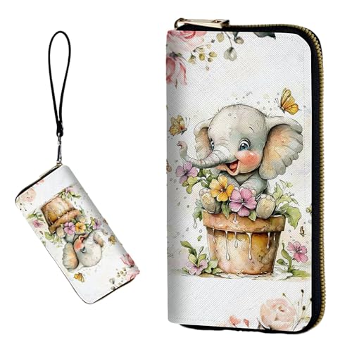 DIGTIALL RFID-blockierende Geldbörse für Damen, PU-Leder, schmal, faltbar, mit großem Fassungsvermögen, 16 Kartenfächer und Münzfach mit Reißverschluss, Reise-Geldbörse, Baby-Elefant im Blumentopf von DIGTIALL