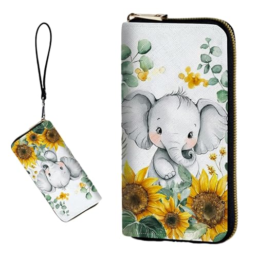 DIGTIALL RFID-blockierende Geldbörse für Damen, PU-Leder, schmal, faltbar, mit großem Fassungsvermögen, 16 Kartenfächer und Münzfach mit Reißverschluss, Reise-Geldbörse, Baby-Elefanten-Sonnenblume von DIGTIALL