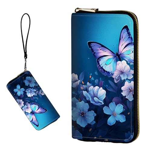 DIGTIALL RFID-blockierende Geldbörse für Damen, PU-Leder, schmal, faltbar, mit großem Fassungsvermögen, 16 Kartenfächer und Münzfach mit Reißverschluss, Reise-Geldbörse, Blaue Schmetterlingsblumen von DIGTIALL