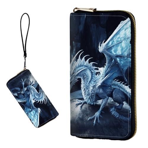 DIGTIALL RFID-blockierende Geldbörse für Damen, PU-Leder, schmal, faltbar, mit großem Fassungsvermögen, 16 Kartenfächer und Münzfach mit Reißverschluss, Reise-Geldbörse, Blauer Drache mit Flügeln von DIGTIALL