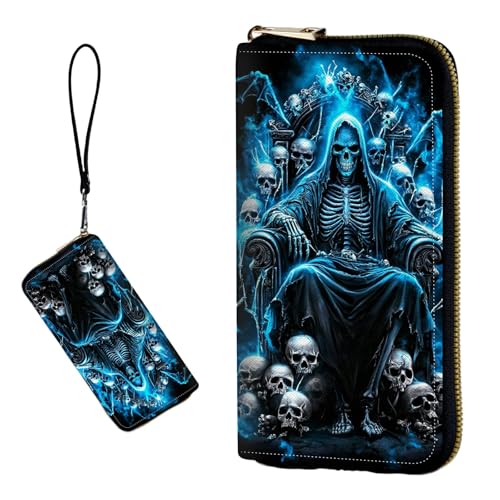 DIGTIALL RFID-blockierende Geldbörse für Damen, PU-Leder, schmal, faltbar, mit großem Fassungsvermögen, 16 Kartenfächer und Münzfach mit Reißverschluss, Reise-Geldbörse, Blauer Totenschädel von DIGTIALL