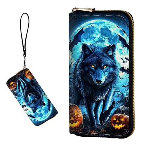 DIGTIALL RFID-blockierende Geldbörse für Damen, PU-Leder, schmal, faltbar, mit großem Fassungsvermögen, 16 Kartenfächer und Münzfach mit Reißverschluss, Reise-Geldbörse, Blauer Wolf mit leuchtenden von DIGTIALL