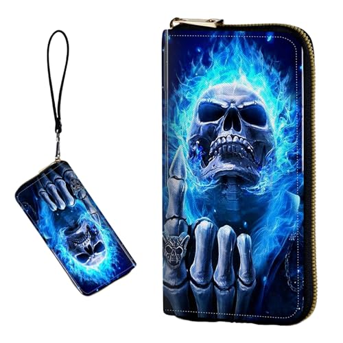 DIGTIALL RFID-blockierende Geldbörse für Damen, PU-Leder, schmal, faltbar, mit großem Fassungsvermögen, 16 Kartenfächer und Münzfach mit Reißverschluss, Reise-Geldbörse, Blue Flame Skull Fingers von DIGTIALL