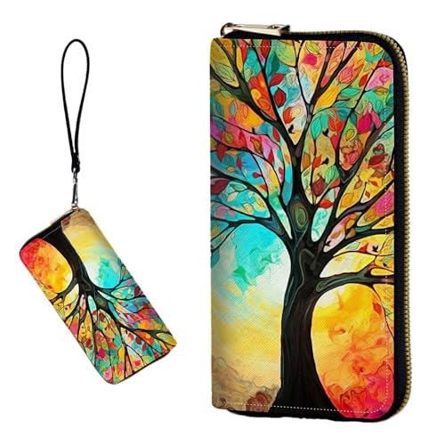 DIGTIALL RFID-blockierende Geldbörse für Damen, PU-Leder, schmal, faltbar, mit großem Fassungsvermögen, 16 Kartenfächer und Münzfach mit Reißverschluss, Reise-Geldbörse, Bunte Bäume von DIGTIALL