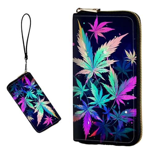 DIGTIALL RFID-blockierende Geldbörse für Damen, PU-Leder, schmal, faltbar, mit großem Fassungsvermögen, 16 Kartenfächer und Münzfach mit Reißverschluss, Reise-Geldbörse, Bunte Blätter von DIGTIALL