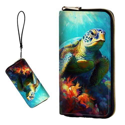 DIGTIALL RFID-blockierende Geldbörse für Damen, PU-Leder, schmal, faltbar, mit großem Fassungsvermögen, 16 Kartenfächer und Münzfach mit Reißverschluss, Reise-Geldbörse, Bunte Schildkröte von DIGTIALL