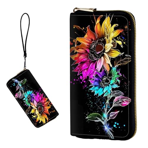 DIGTIALL RFID-blockierende Geldbörse für Damen, PU-Leder, schmal, faltbar, mit großem Fassungsvermögen, 16 Kartenfächer und Münzfach mit Reißverschluss, Reise-Geldbörse, Bunte Sonnenblumen von DIGTIALL