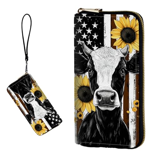 DIGTIALL RFID-blockierende Geldbörse für Damen, PU-Leder, schmal, faltbar, mit großem Fassungsvermögen, 16 Kartenfächer und Münzfach mit Reißverschluss, Reise-Geldbörse, Flagge Kuh Sonnenblumen von DIGTIALL