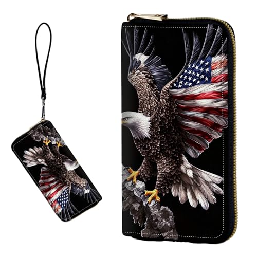 DIGTIALL RFID-blockierende Geldbörse für Damen, PU-Leder, schmal, faltbar, mit großem Fassungsvermögen, 16 Kartenfächer und Münzfach mit Reißverschluss, Reise-Geldbörse, Fliegender Adler mit Flagge von DIGTIALL