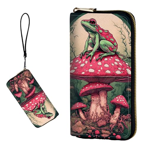 DIGTIALL RFID-blockierende Geldbörse für Damen, PU-Leder, schmal, faltbar, mit großem Fassungsvermögen, 16 Kartenfächer und Münzfach mit Reißverschluss, Reise-Geldbörse, Frosch auf Pilz von DIGTIALL